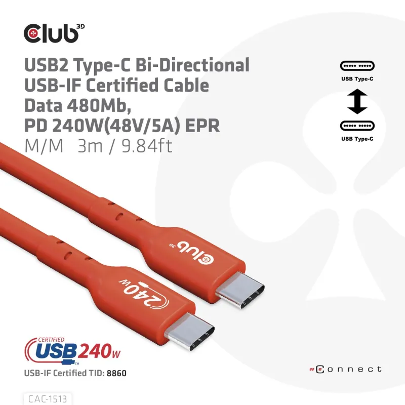 Cable usb-c to usb-c 3m-m-m cac-1513 club3d