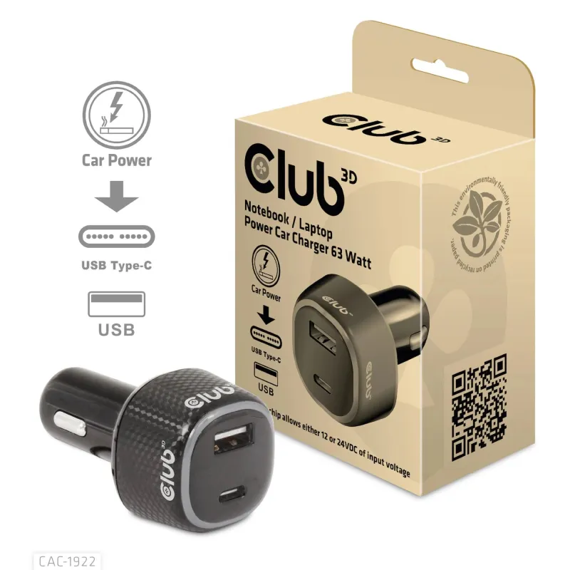 Nb charger car usb+usb-c-63w cac-1922 club3d