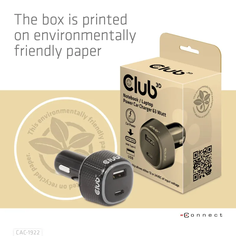 Nb charger car usb+usb-c-63w cac-1922 club3d