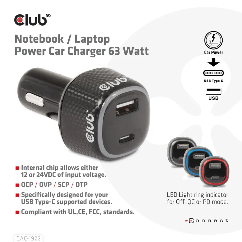 Nb charger car usb+usb-c-63w cac-1922 club3d