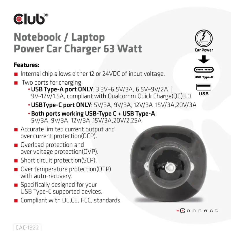 Nb charger car usb+usb-c-63w cac-1922 club3d