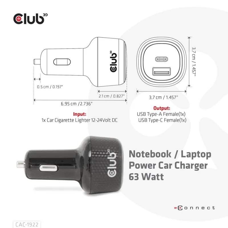 Nb charger car usb+usb-c-63w cac-1922 club3d