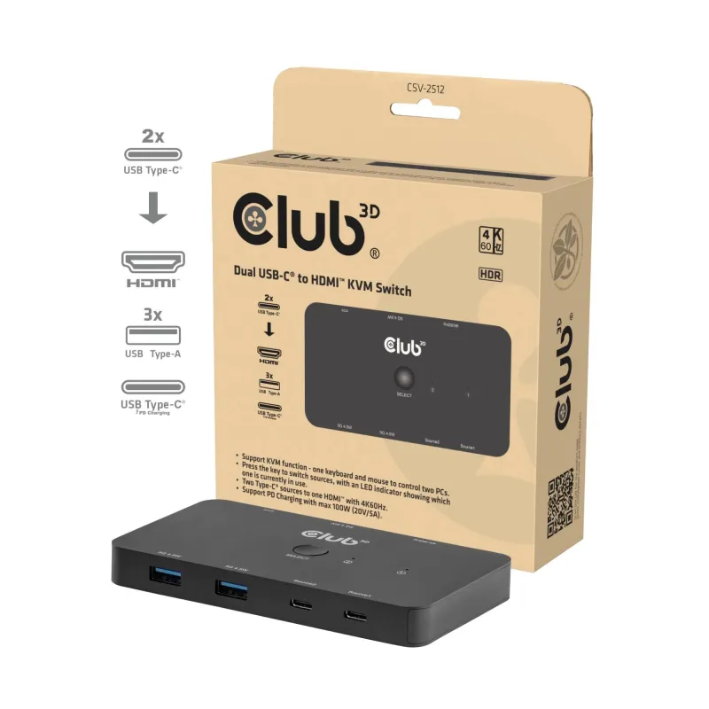 Video switch kvm usb-c to hdmi-dual csv-2512 club3d