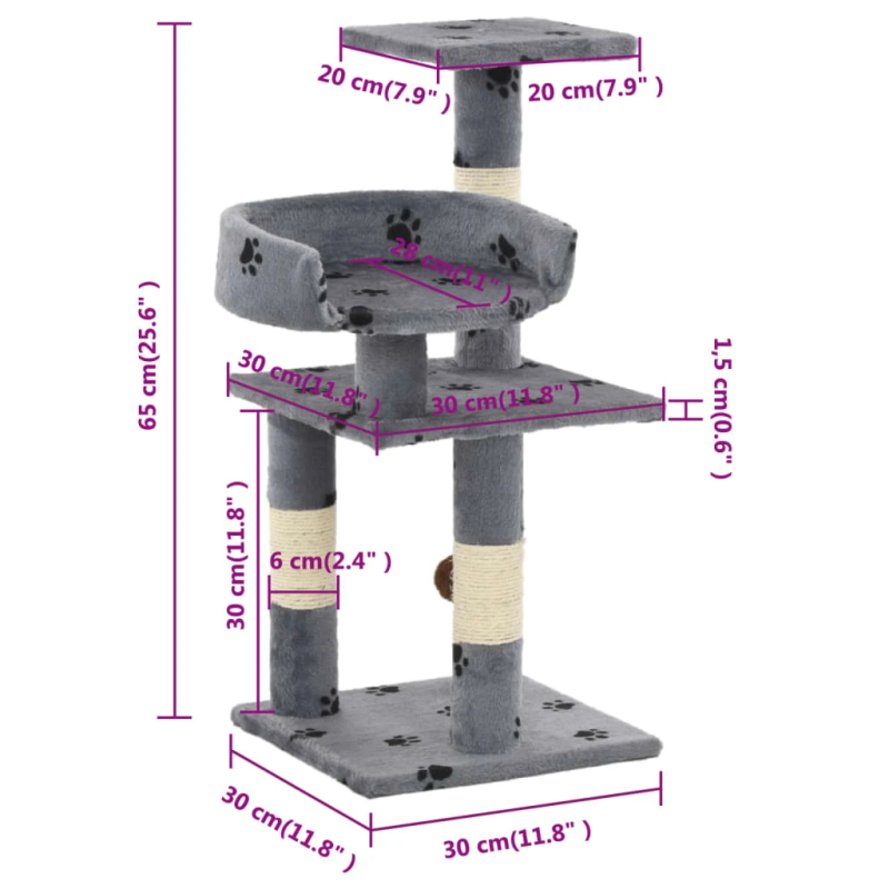 vidaXL kaķu māja, stabi nagu asināšanai, 65 cm, pelēka ar ķepu apdruka