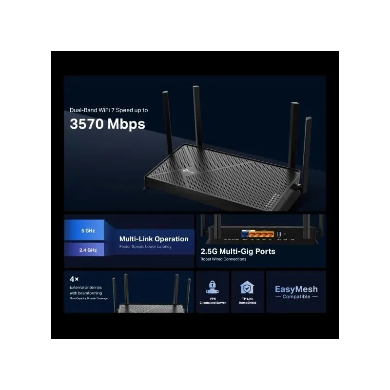 TP-LINK Dual-Band Wi-Fi 7 Router - Archer BE3600 - 802.11be - 2882 Mbit-s - Mesh Support No - MU-MiMO Yes - No mobile broadband