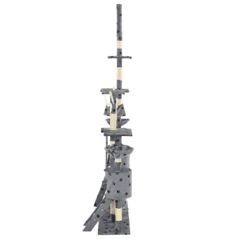 vidaXL kaķu māja ar stabiem, 230-250 cm, pelēka, ķepu apdruka