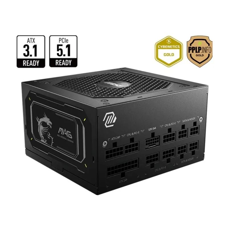 Power Supply-MSI-MAG A850GL PCIE5 II-850 Watts-Efficiency 80 PLUS GOLD-PFC Active-MAGA850GLPCIE5II