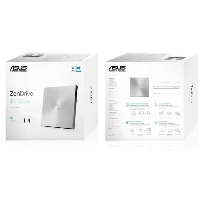 Asus - ZenDrive U9M - Interface USB 2.0 - DVD±RW - CD read speed 24 x - CD write speed 24 x - Silver