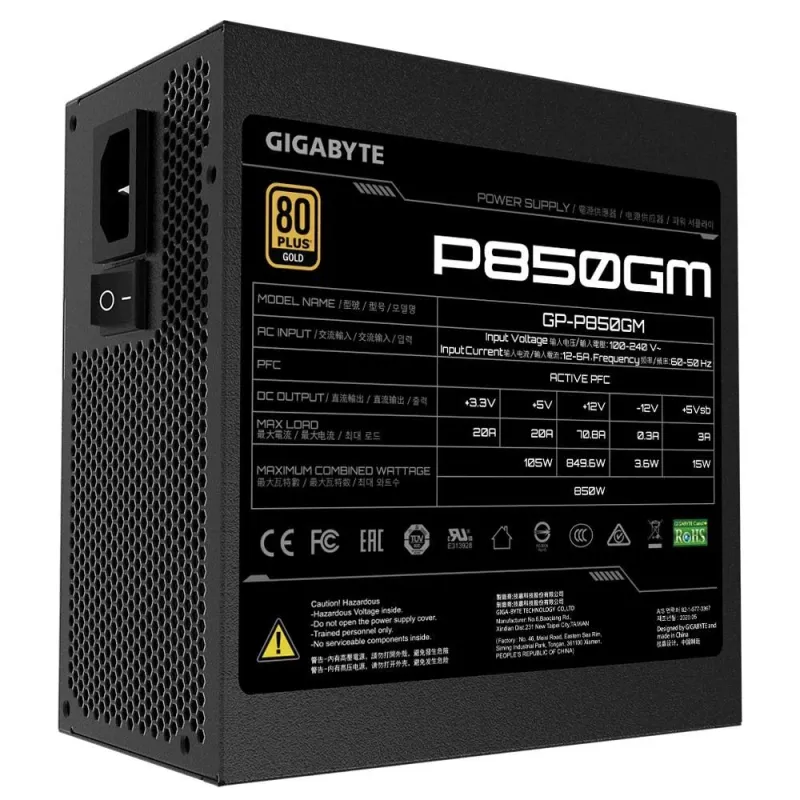 Power Supply-GIGABYTE-850 Watts-Efficiency 80 PLUS GOLD-PFC Active-MTBF 100000 hours-GP-P850GM