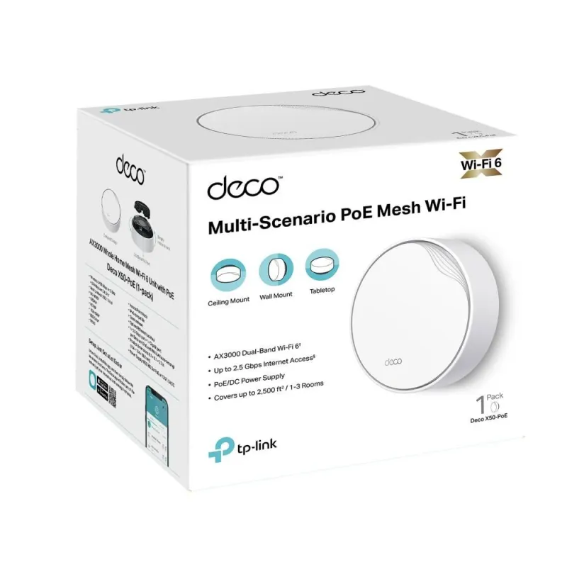 Wireless Router-TP-LINK-Wireless Router-3000 Mbps-Mesh-Wi-Fi 6-1x10-100-1000M-1x2.5GbE-DHCP-DECOX50-POE,1-PACK,