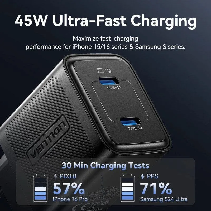 Mobile charger wall 45w usb-c-2p black fefb0-eu vention