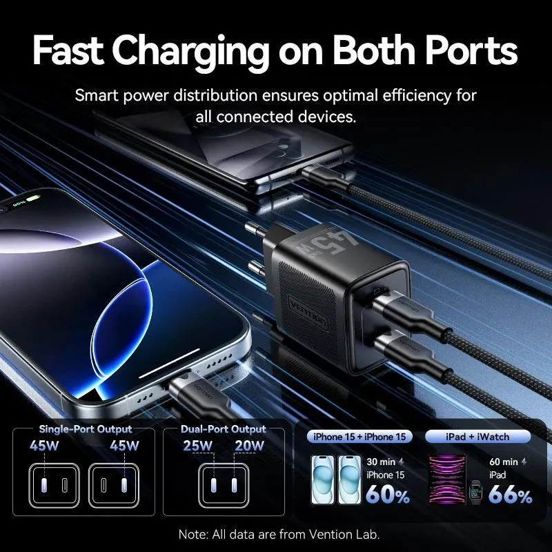 Mobile charger wall 45w usb-c-2p black fefb0-eu vention