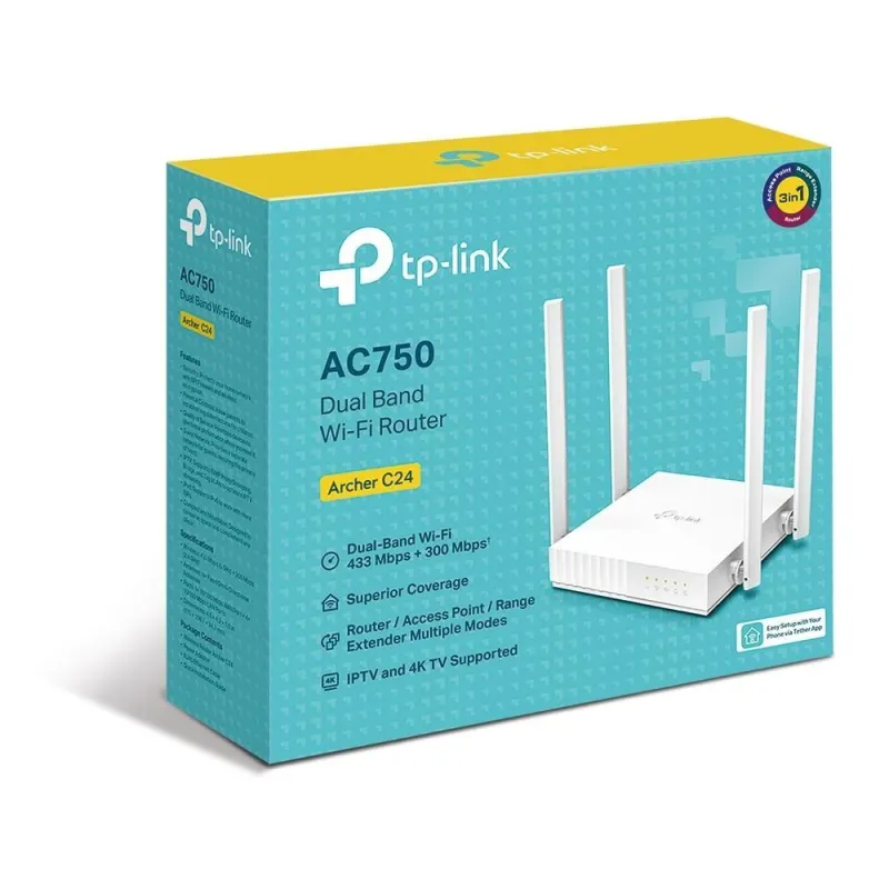 Wireless Router-TP-LINK-Wi-Fi 5 ,802.11ac,-Data speed 433 Mbit-s-Ethernet WAN Yes-Ethernet LAN Yes-5xLAN ports-ARCHERC24