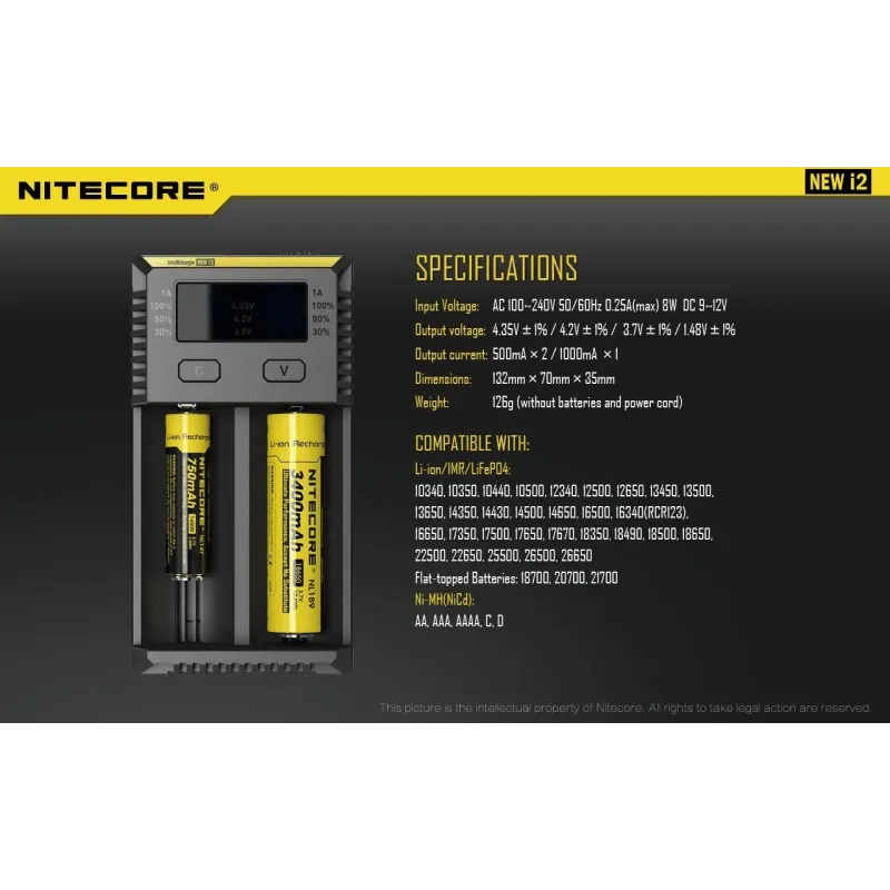 Battery charger 2-slot-intellicharger new i2 nitecore