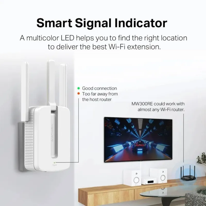 Mercusys - Wi-Fi Range Extender - MW300RE - 802.11n - 2.4GHz - 300 Mbit-s - no PoE - Antenna type 3xExternal