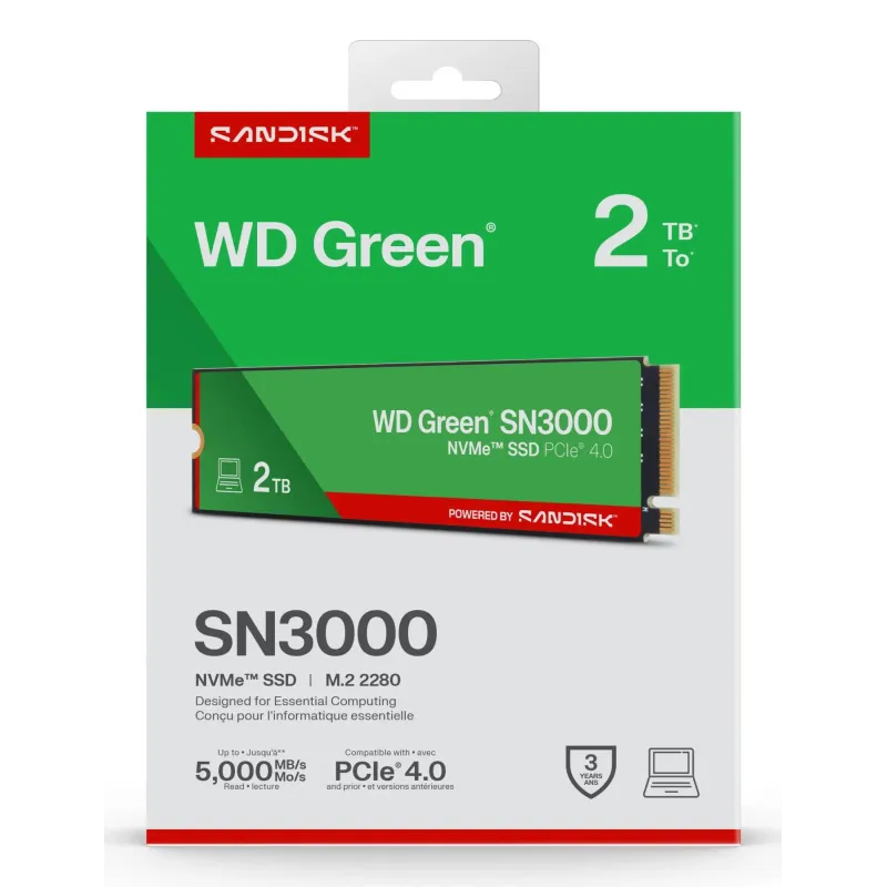 SSD-SANDISK-Read speed 5000 MB-s-Write speed 4200 MB-s-NVMe Yes-PCI Express 4.0-M.2-2048 GB-POWERED BY SANDISK-Green-WDS200T4G0E