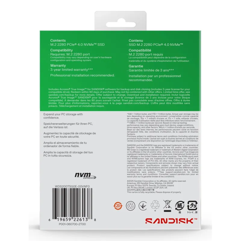 SSD-SANDISK-Read speed 5000 MB-s-Write speed 4200 MB-s-NVMe Yes-PCI Express 4.0-M.2-2048 GB-POWERED BY SANDISK-Green-WDS200T4G0E