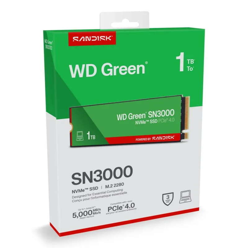SSD-SANDISK-150xTBW rating-MTBF 1.75 h-NVMe Yes-PCI Express 4.0-M.2-1000 GB-POWERED BY SANDISK-Green-WDS100T4G0E