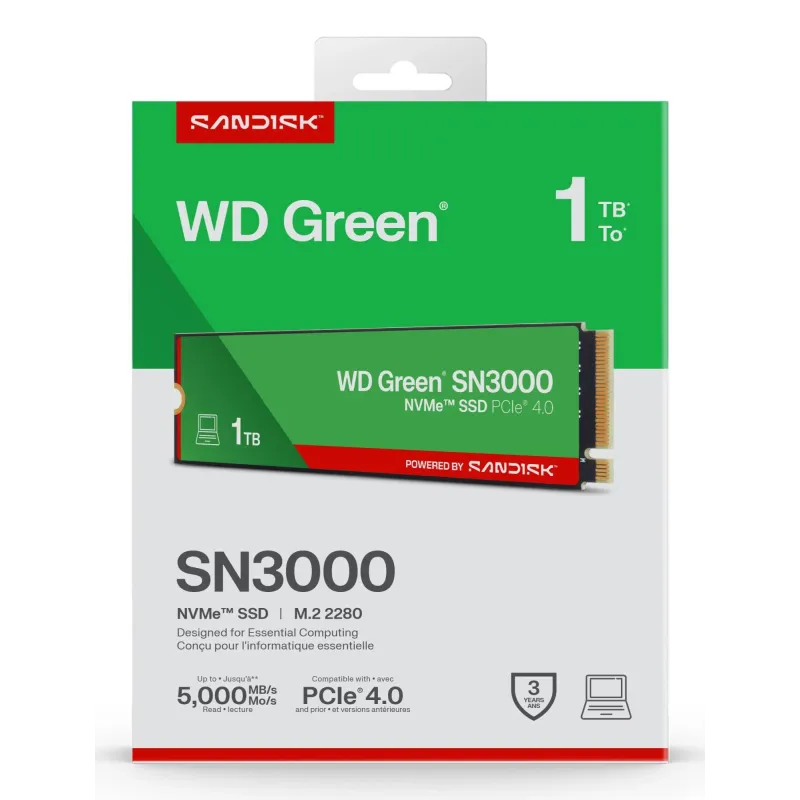 SSD-SANDISK-150xTBW rating-MTBF 1.75 h-NVMe Yes-PCI Express 4.0-M.2-1000 GB-POWERED BY SANDISK-Green-WDS100T4G0E