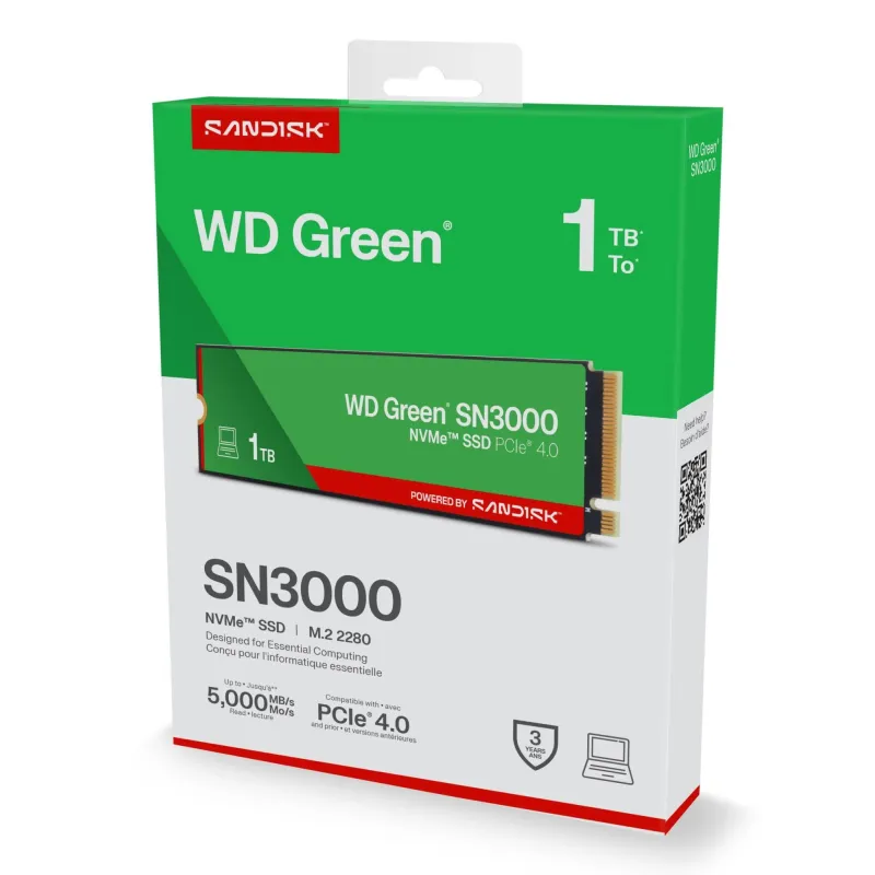 SSD-SANDISK-150xTBW rating-MTBF 1.75 h-NVMe Yes-PCI Express 4.0-M.2-1000 GB-POWERED BY SANDISK-Green-WDS100T4G0E
