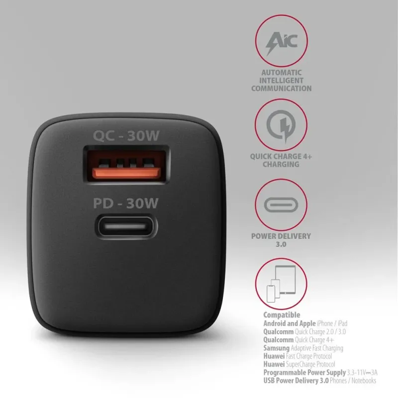 Mobile charger wall usb 30w-2port black acu-pq30 axagon