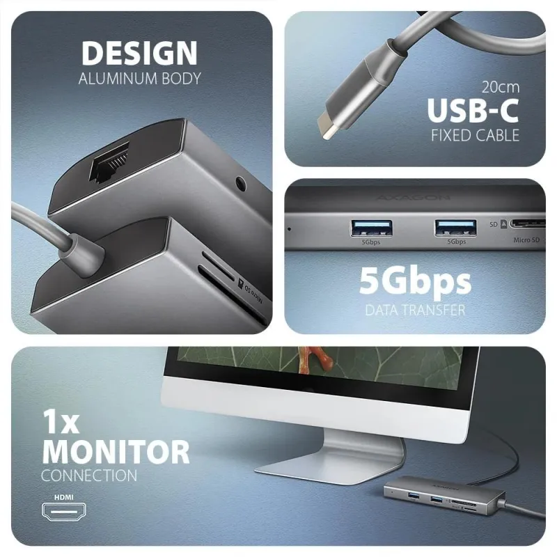 I-o hub usb-c 9in1 5gbps-0.2m hmc-8hlsa axagon