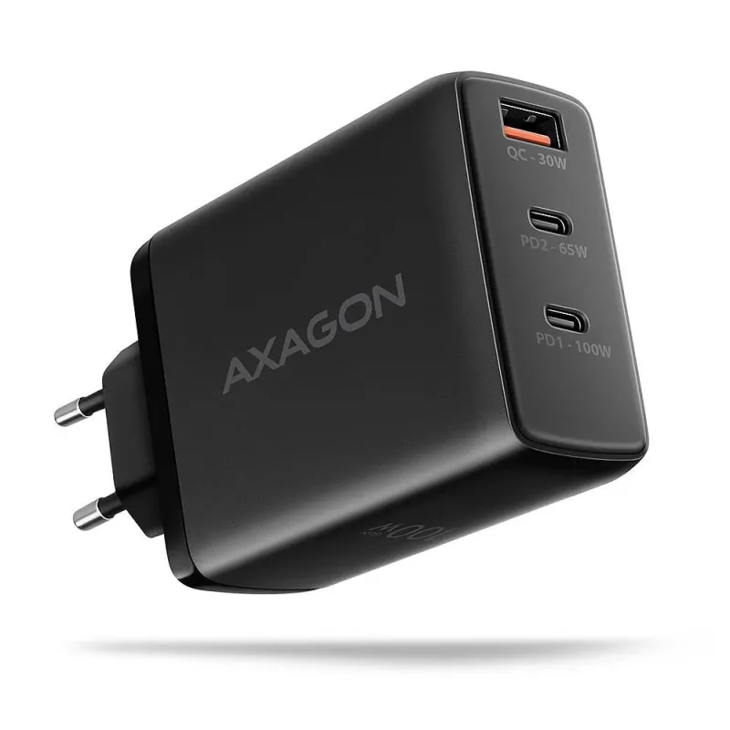 AXAGON GaN wallcharger, 3x port ,USB-A + 2x USB-C,, PD3.0-PPS-QC4+-SFC2.0-AFC-SCP-FCP-Apple, 100W - ACU-DPQ100