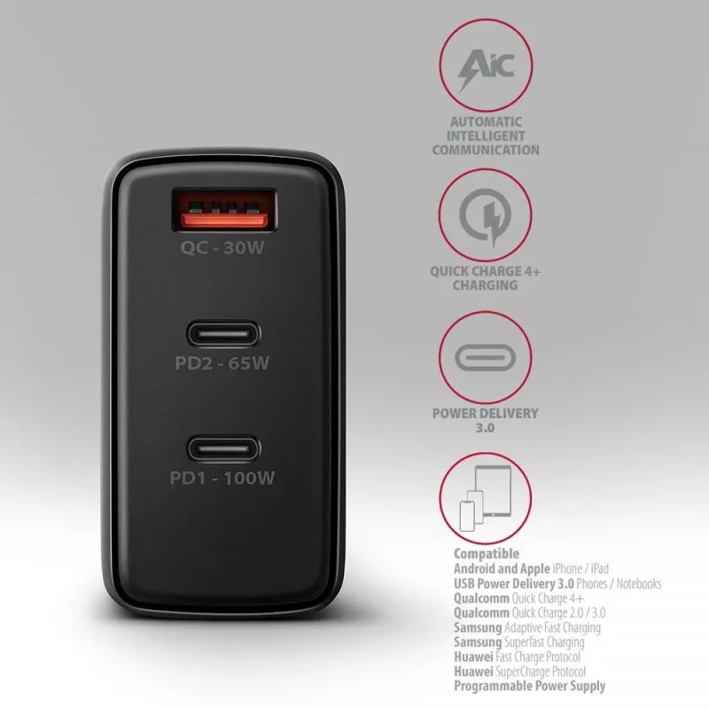 AXAGON GaN wallcharger, 3x port ,USB-A + 2x USB-C,, PD3.0-PPS-QC4+-SFC2.0-AFC-SCP-FCP-Apple, 100W - ACU-DPQ100