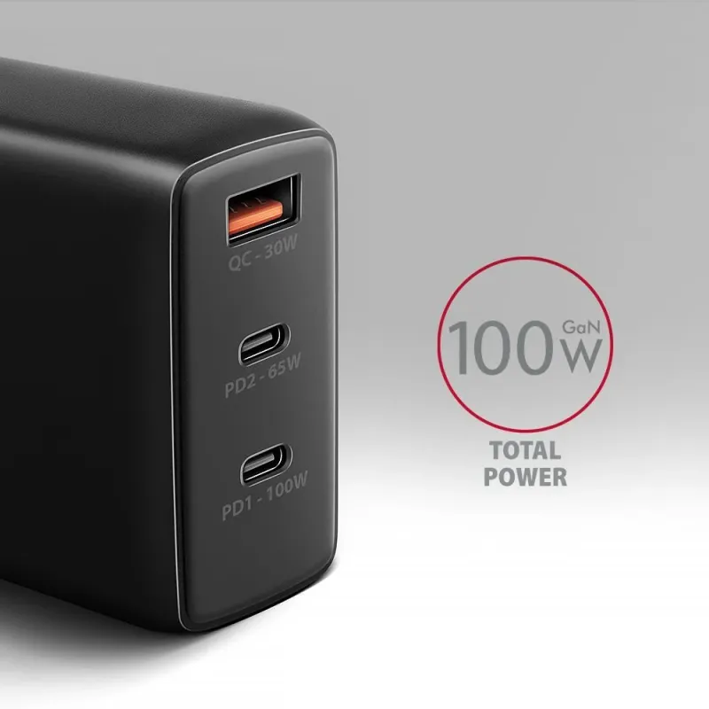 AXAGON GaN wallcharger, 3x port ,USB-A + 2x USB-C,, PD3.0-PPS-QC4+-SFC2.0-AFC-SCP-FCP-Apple, 100W - ACU-DPQ100