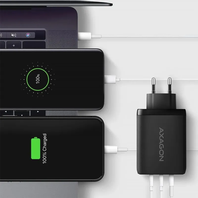 AXAGON GaN wallcharger, 3x port ,USB-A + 2x USB-C,, PD3.0-PPS-QC4+-SFC2.0-AFC-SCP-FCP-Apple, 100W - ACU-DPQ100