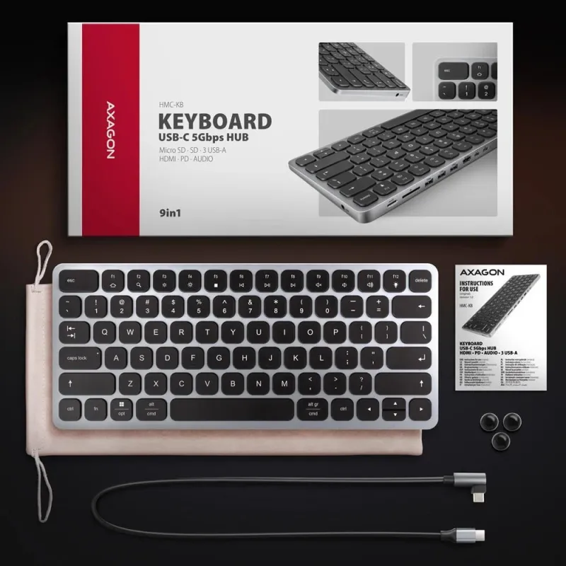 Keyboard + i-o hub 9in1-0.6m hmc-kb-us axagon