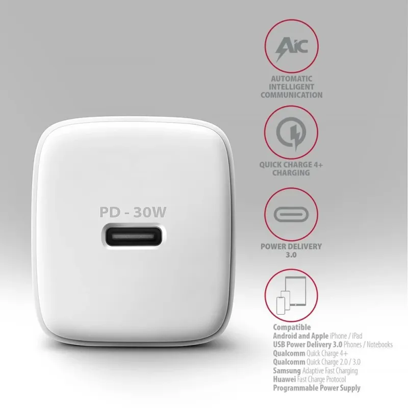 Mobile charger wall usb-c 30w-1port white acu-pd30w axagon