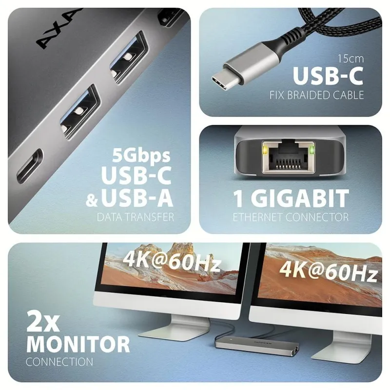 I-o hub usb-c 7in1 dual 4k-0.15m hmc-7hx2 axagon