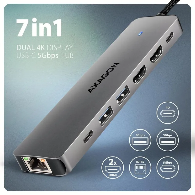 I-o hub usb-c 7in1 dual 4k-0.15m hmc-7hx2 axagon