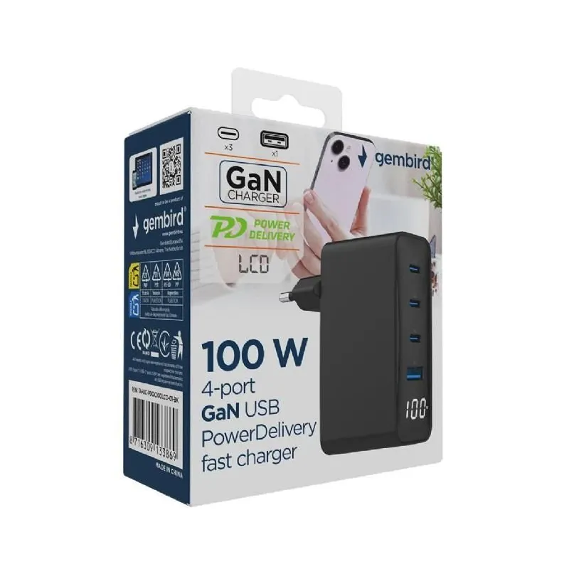Charger usb 100w 4port gan-ta-uc-pdqc100lcd-01-bk gembird