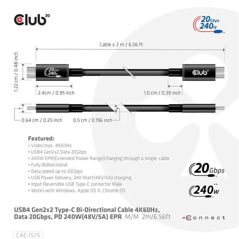 Cable usb-c to usb-c 2m-m-m cac-1575 club3d