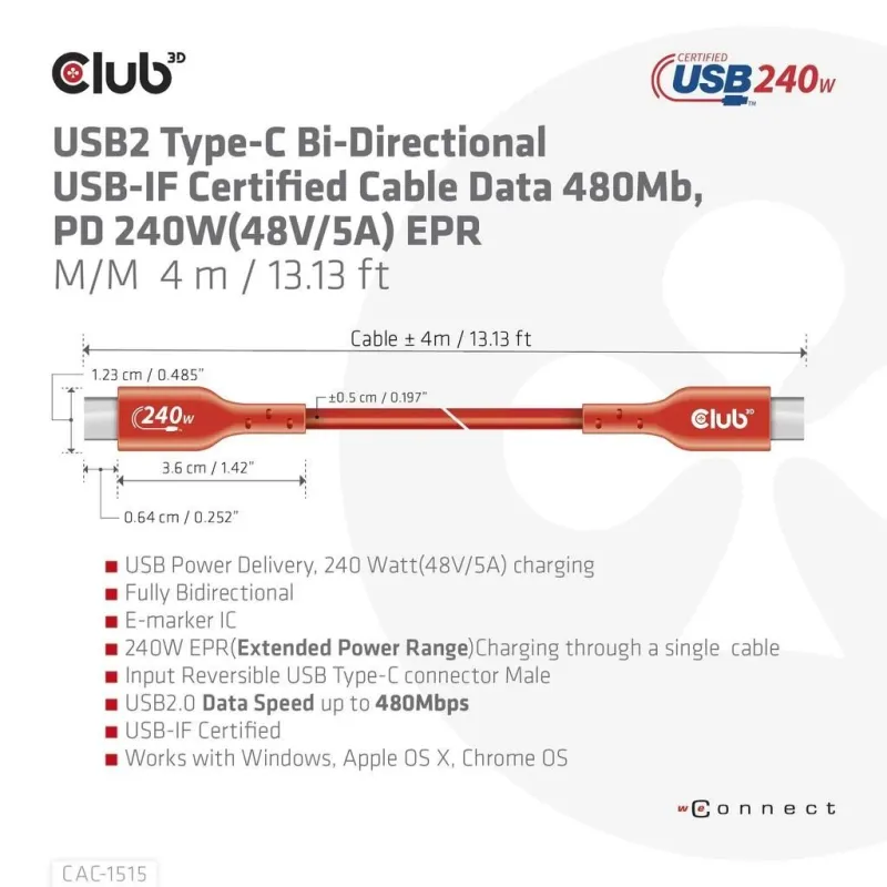 Cable usb-c to usb-c 4m-m-m cac-1515 club3d