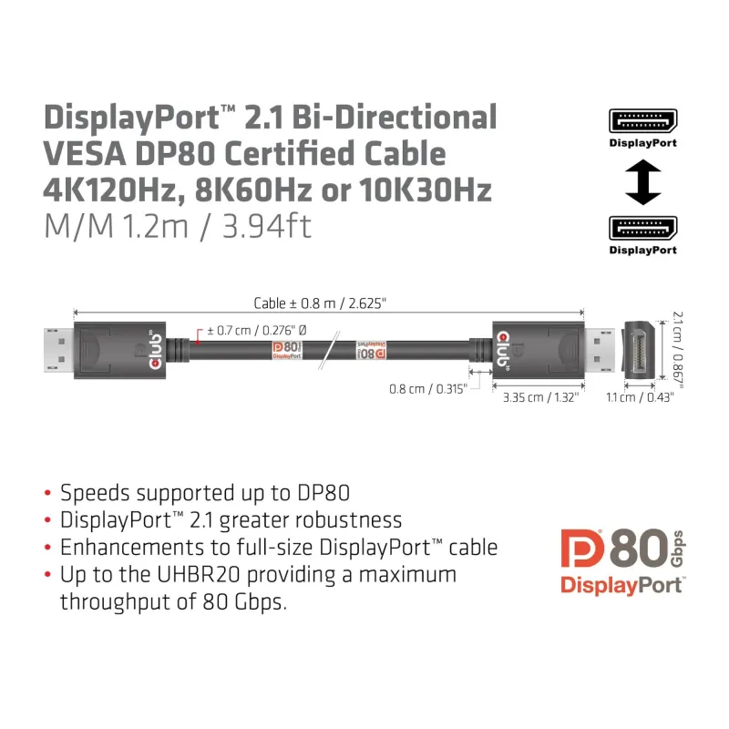 Cable dp to dp 1.2m-m-m cac-1091 club3d
