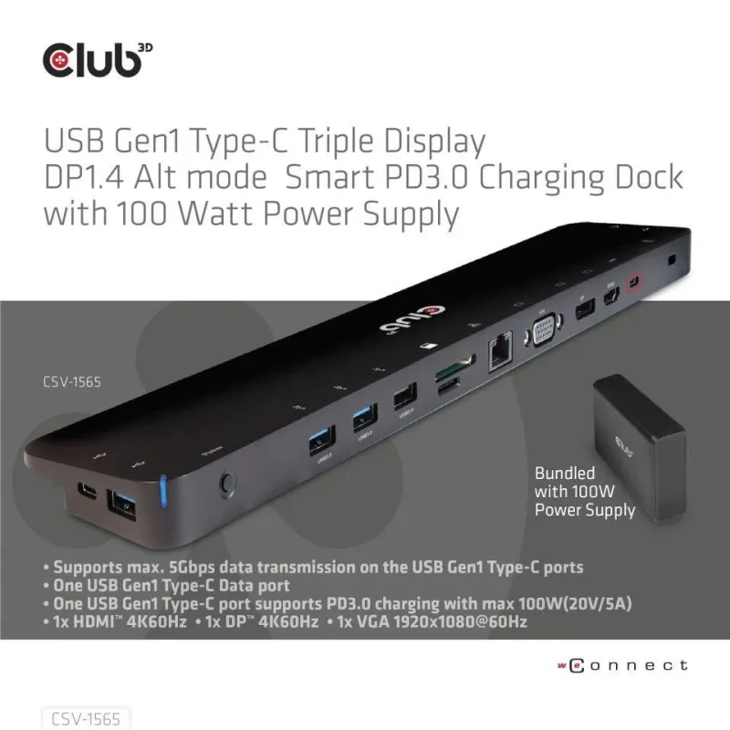 Nb acc docking station-usb-c 100w csv-1565 club3d