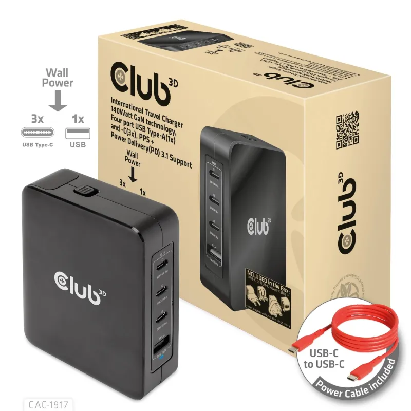 Mobile travel charger usb-c-140w gan cac-1917 club3d