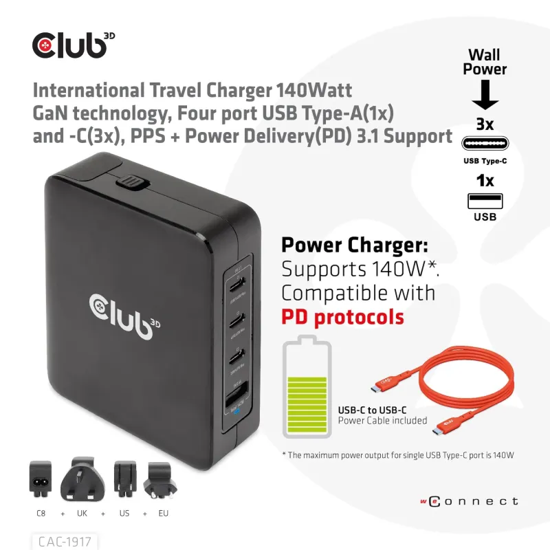 Mobile travel charger usb-c-140w gan cac-1917 club3d