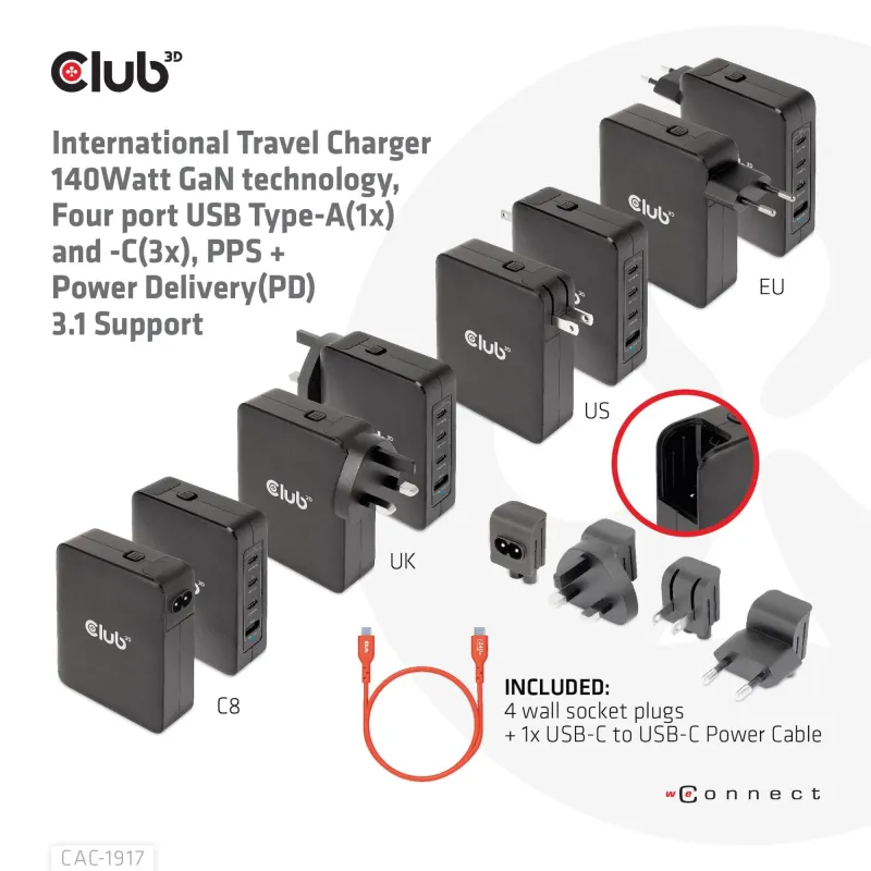 Mobile travel charger usb-c-140w gan cac-1917 club3d