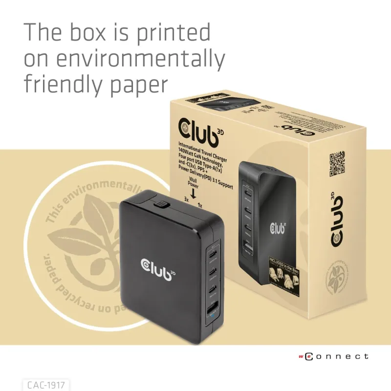 Mobile travel charger usb-c-140w gan cac-1917 club3d