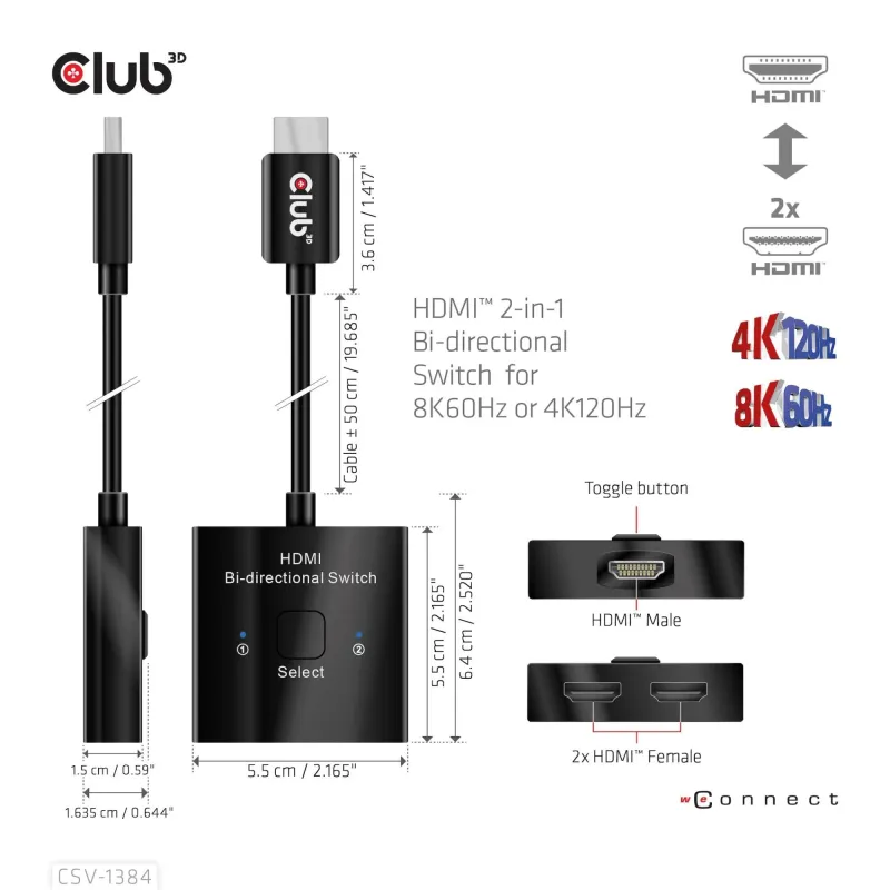 Video switch hdmi 2port-csv-1384 club3d