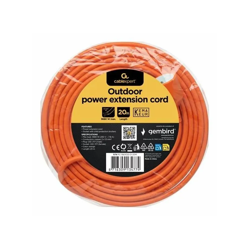 Cable power extension 20m-orange pc-186xod-o-20m gembird