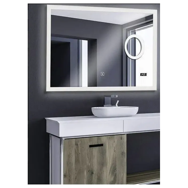 Nocenota prece - Aquamarin vannas istabas LED spogulis 100×80 cm (dimmējams 3in1, ar digitālo pulksteni un Bluetooth