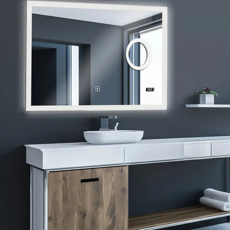 Nocenota prece - Aquamarin vannas istabas LED spogulis 100×80 cm (dimmējams 3in1, ar digitālo pulksteni un Bluetooth