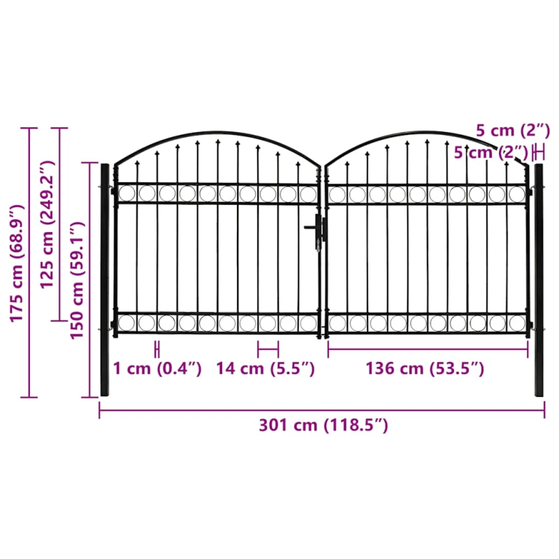 vidaXL divviru žoga vārti ar arkveida formu, 300x125 cm, melns tērauds