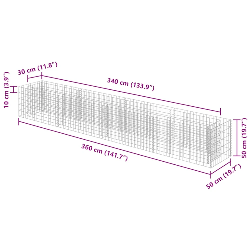 vidaXL gabions, augstā puķu kaste, cinkots tērauds, 360x50x50 cm