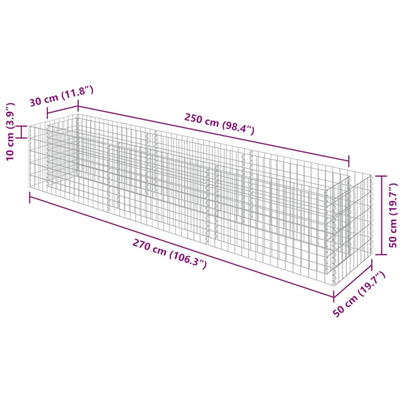vidaXL gabions, augstā puķu kaste, cinkots tērauds, 270x50x50 cm